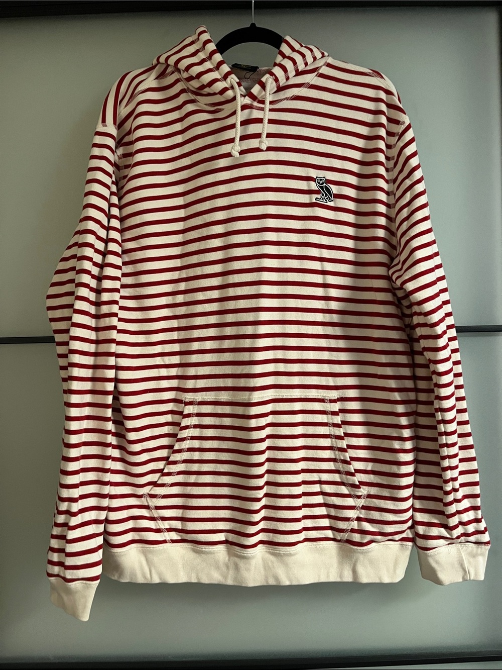 OVOStriped Red & Cream Hooded Pullover with Embroidered Owl Logo